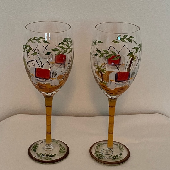 Elephant Wine Glasses HandPainted Tropical PalmTrees Bamboo Stem Le Petit Cafe 2 - Picture 4 of 16